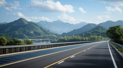 Naklejka premium Modern highway with solar panels on the surface alongside lush green mountains, clear blue skies, and a serene river flowing in the distance