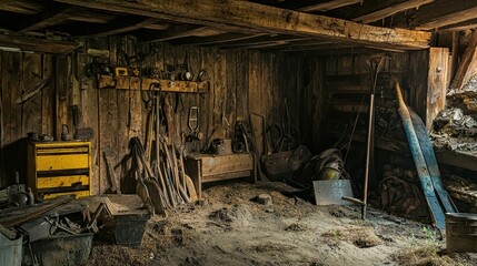 Fototapeta premium Rustic Shed Interior with Tools and Dusty Floor in Natural Light