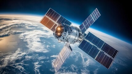 Satellite in Orbit Above Earth with Solar Panels and Blue Atmosphere