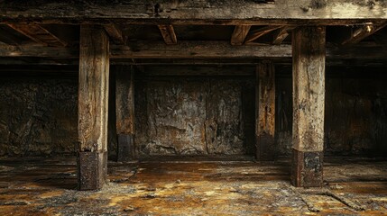 Naklejka premium Abandoned Wooden Structure with Weathered Columns and Ground Surface