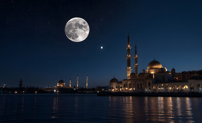 Fototapeta premium Ramadan Kareem greeting. Islamic crescent moon and lantern. End of fasting. ramadan decorations, Eid al-Fitr. Breaking of holy fast day. Muslim holiday. Arab night sky. 
