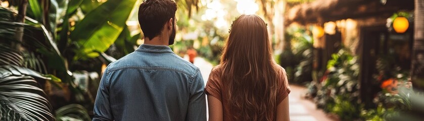 Couple walking tropical garden path