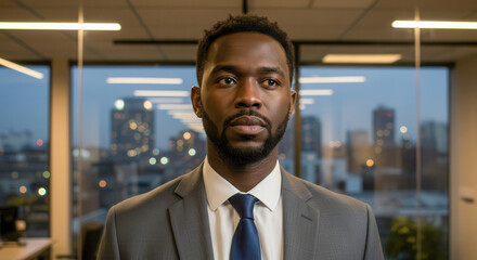 Fototapeta premium Business professional in a suit stands against a city backdrop at twilight.