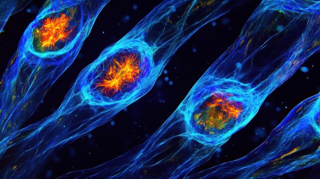 Aging cells observed in a high-tech laboratory under powerful microscope. Featuring structural decay and mutation