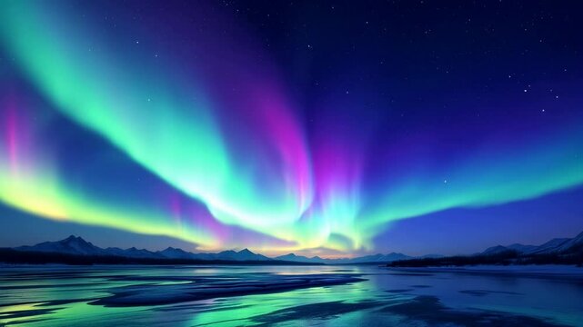 Vibrant Aurora Borealis Simulation over a Serene Winter Landscape, Nature's Light Show