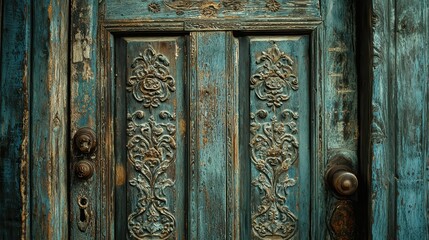 Rustic Blue Door with Intricate Carvings and Vintage Patina Finish