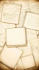 A collection of assorted vintage blank and handwritten papers scattered on a wooden surface