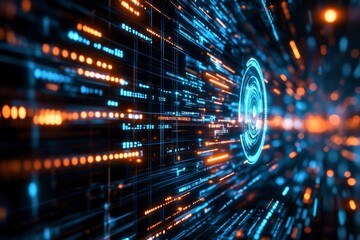 Abstract Digital Data Stream with Blue and Orange Light Effects