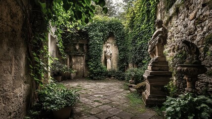 Naklejka premium Lush Overgrown Garden with Statues and Vintage Architecture