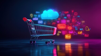 Colorful Shopping Cart with Digital Icons Against a Dark Background Representing Modern Online Shopping Trends