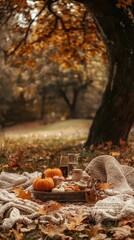 Cozy Autumn Picnic with Pumpkin and Warm Drinks in Nature