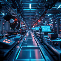 Obraz premium Automated production line operations industrial warehouse digital imagery high-tech environment wide-angle view futuristic concept