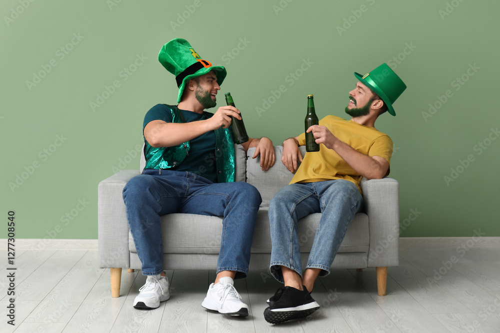 Wall mural Young men in leprechaun hats with green beards holding bottles of beer and sitting on sofa near green wall. St. Patrick's Day celebration