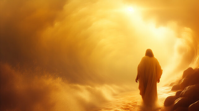 Biblical Scene of Moses Parting the Red Sea with Divine Light - Christian PowerPoint Background with Christian paintings