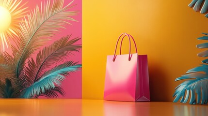 Bright Tropical Shopping Scene with Colorful Palm Leaves and Vibrant Bag on Sunset Background