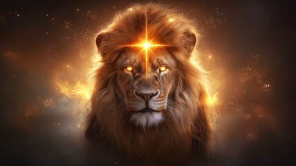 Naklejka premium majestic lion with glowing eyes and radiant cross on its head, surrounded by mystical aura, evokes sense of power and spirituality