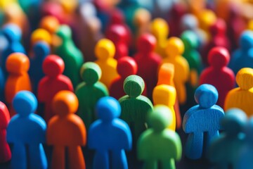 Colorful Wooden Figurines in Diverse Arrangement on Soft Focus Background