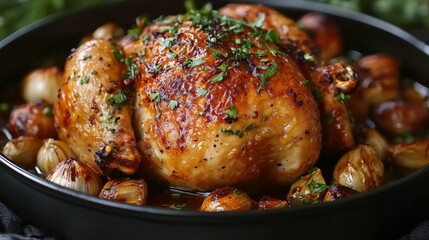 A beautifully roasted chicken garnished with herbs, surrounded by golden onions in a dish.