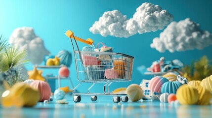 Colorful Shopping Cart Surrounded by Playful Elements in a Cheerful Blue Background