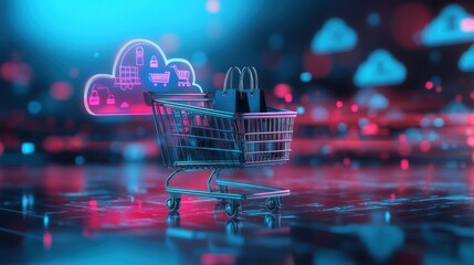 Futuristic Shopping Cart in Digital Cloud with Neon Lights and Shopping Icons for E-commerce Concepts