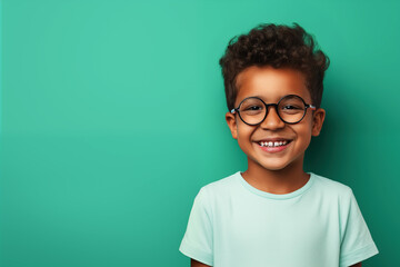Portrait of young Hispanic boy wearing glasses and white t-shirt against blue background, copy space