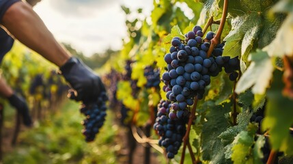 Harvesting Fresh Grapes in a Sunlit Vineyard during Autumn Season