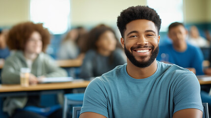 Fototapeta premium smiling male student sitting in lecture hall, engaged and happy. classroom is filled with diverse students, creating lively academic atmosphere