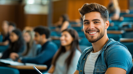 Fototapeta premium smiling male student sitting in lecture hall, engaged and happy. atmosphere is lively with other students in background, creating positive learning environment