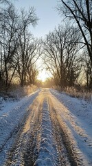 Obraz premium Serene Snowy Pathway at Sunset Surrounded by Trees and Nature