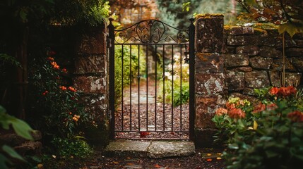 Obraz premium Tranquil Garden Gate Surrounded by Lush Foliage and Flowers