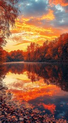 Serene Autumn Sunset Over Calm River Surrounded by Colorful Foliage