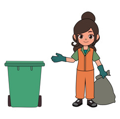 Cartoon Female Trash Collector Collecting Trash From Rubbish Bin Vectors Illustration