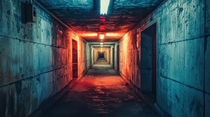 Fototapeta premium Dark and Eerie Underground Corridor with Neon Lights Effect