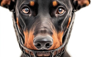 Doberman pinscher with brown eyes wearing a black muzzle
