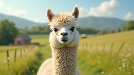 Obraz premium Funny Alpaca with a Quirky Smile in the Countryside