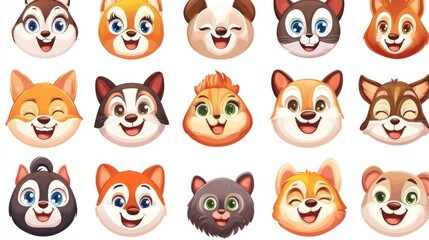 Fototapeta premium Cartoon animal faces, various breeds, happy expressions.