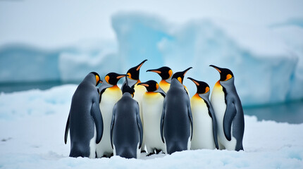Obraz premium Group of Penguins Huddled on an Icy Landscape
