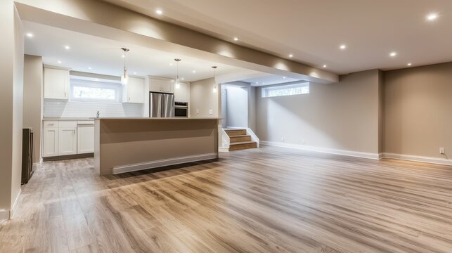 Modern Open Concept Basement Interior with Natural Light