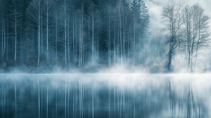 Serene Misty Lake with Tranquil Reflections and Bare Trees