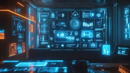 Futuristic control room with holographic displays