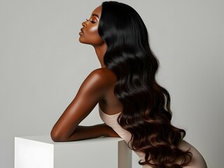 Beautiful black woman with sleek long wavy black hair with ombre highlights, side profile, beauty shot