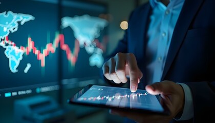Finance illustration. close up A medium-skinned male hand firmly presses a fluctuating stock market graph on a digital tablet