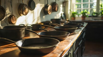 Rustic Kitchen with Cast Iron Pans and Natural Light Streaming In