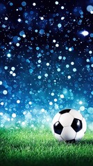 Naklejka premium Soccer ball on grass at night with sparkling lights. Potential use sports, background