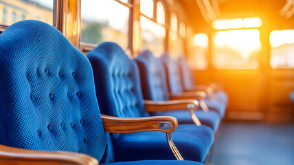 Fototapeta premium Vintage train carriage with blue velvet seats and wooden armrests, illuminated by warm sunlight. atmosphere evokes nostalgia and comfort