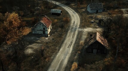 Aerial View of Rustic Houses and Winding Road in Autumn