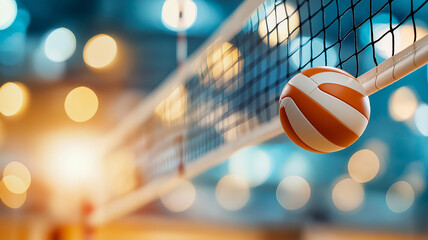 close up of volleyball near net, with blurred background of lights creating vibrant atmosphere. scene captures excitement of game