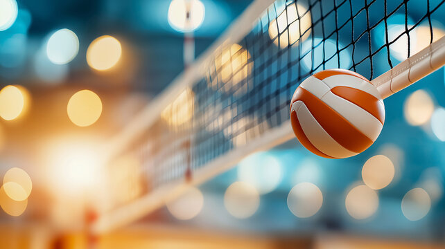 close up of volleyball near net, with blurred background of lights creating vibrant atmosphere. scene captures excitement of game
