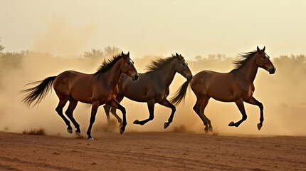 Wild Horses Galloping Across a Dusty Field