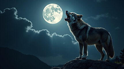Cunning Wolf Howling Under a Full Moon
